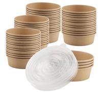 SINJEUN Lot de 60 bols jetables en papier kraft de 500 ml avec couvercles transparents, bols alimentaires jetables en papier kraft, bols à soupe, bols en papier marron, fournitures de restaurant pour