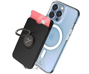 Sinjimoru Cell Phone Wallet for MagSafe with Phone Ring Holder, Secure Magnetic Card Holder with Phone Grip & Kickstand for MagSafe Case & iPhone 13 and 12. M-Ringo Slot Black