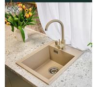 SINK QUALITY Évier beige 40 x 50 cm - Évier en granit beige avec siphon Push et imprégnation - Évier sans égouttoir - Petit évier de cuisine pour armoires inférieures à partir de 40 cm de large