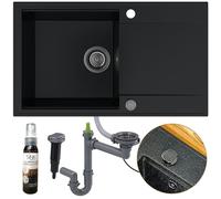 SINK QUALITY Évier cuisine avec égouttoir 78 x 46 cm - Evier noir 1 bac avec siphon crépine graphite et agent d'imprégnation, encastrable pour meuble bas de 60 cm, lavabo granit