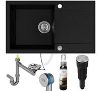 SINK QUALITY Évier cuisine avec égouttoir 78 x 46 cm - Evier noir 1 bac avec taches dorées avec siphon moderne et agent d'imprégnation, encastrable pour meuble bas de 60 cm, lavabo granit
