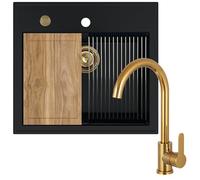 SINK QUALITY Évier de cuisine avec robinet, planche à découper, siphon doré, égouttoir, imperméabilisant, 56 x 51 cm