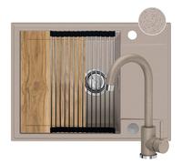 SINK QUALITY Évier de cuisine beige avec robinet, planche à découper, siphon PUSH, égouttoir, agent imperméabilisant, kit complet pour meuble bas de 55 cm