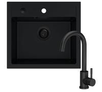 SINK QUALITY Évier de cuisine en granit noir avec robinet, 56 x 51 cm, avec robinet de cuisine, siphon noir et imprégnation, pour armoires inférieures à partir de 60 cm de large
