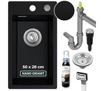 SINK QUALITY Évier de cuisine, petit, noir, 28 x 50 cm, étroit, avec siphon Push et agent d'imprégnation, petit évier en granit, pour armoires inférieures à partir de 40 cm, encastrable