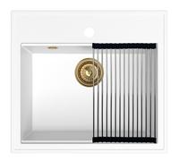 SINK QUALITY Évier en granit blanc 56 x 51 cm - Évier en granit avec siphon doré et imprégnation - Évier pour armoires inférieures à partir de 60 cm de large - Évier simple encastrable - Lavabo pour