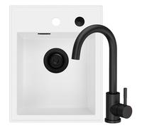SINK QUALITY Évier en granit blanc avec robinet, 40 x 50 cm, kit d'évier de cuisine, siphon noir et imprégnation, sans égouttoir, pour armoires inférieures à partir de 40 cm de largeur