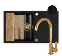 SINK QUALITY Évier en granit noir avec taches dorées 78 x 46 cm - Évier avec robinet, planche à découper, siphon doré, égouttoir, agent imperméabilisant - Set d'évier de cuisine pour meuble bas de 60