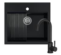 SINK QUALITY Évier noir avec robinet, 56 x 51 cm, avec robinet, siphon, égouttoir, imperméabilisant, évier de cuisine complet pour meuble bas de 60 cm