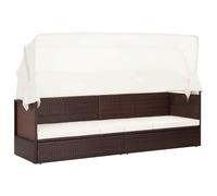 Sinkzol Canapé de jardin avec auvent pare-soleil en polyrotin marron, 205 x 62 x 124 cm, avec coussin amovible blanc crème, toit pliant, résistant aux intempéries, pour jardin, terrasse, balcon