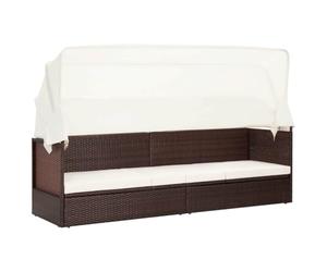Sinkzol Canapé de jardin avec auvent pare-soleil en polyrotin marron, 205 x 62 x 124 cm, avec coussin amovible blanc crème, toit pliant, résistant aux intempéries, pour jardin, terrasse, balcon