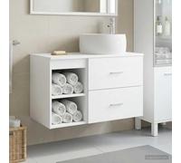 Sinkzol Ensemble de meubles de salle de bain en bois blanc avec lavabo, armoire, tiroir et étagère, montage mural, espace de rangement et foret pour robinet de lavabo, meuble de salle de bain moderne