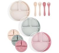 SinLaw Lot de 3 Assiette Ventouse pour Bébé, 3 Couvercles, 2 Cuillères, 2 Fourchettes,Ensemble d'Alimentation pour Bébés en Silicone sans BPA,Pour Les Tout-petits Et L'auto Alimentation (Rose)