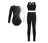 Sinleey 3Pcs Ensemble Gymnastique Fille Justaucorps Manches Longues avec Legging et Brassière Sport Gym Tenue Vêtement Danse Patinage Artistique A Blanc 5-6 ans