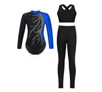 Sinleey 3Pcs Ensemble Gymnastique Fille Justaucorps Manches Longues avec Legging et Brassière Sport Gym Tenue Vêtement Danse Patinage Artistique A Bleu royal 13-14 ans