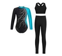 Sinleey 3Pcs Ensemble Gymnastique Fille Justaucorps Manches Longues avec Legging et Brassière Sport Gym Tenue Vêtement Danse Patinage Artistique Bleu Lac 9-10 ans