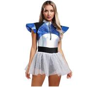 Sinleey Déguisement Alien Femme Cosplay Tutu Robe Métallisée Argenté Bleu Costume Astronaute Carnaval Halloween B Argenté 3XL