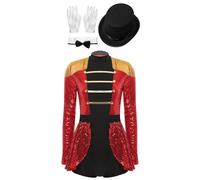 Sinleey Déguisement Monsieur Loyal Femme Cosplay Cirque Costume Paillette Brillant Cosplay Carnaval Halloween Rouge XL