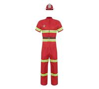 Sinleey Déguisement Pompier Homme Uniforme Pompier Manteau Manches Courtes et Pantalon avec Casque Cosplay Tenue Halloween Carnaval Rouge 190