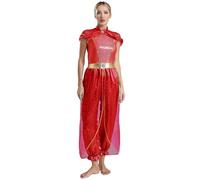 Sinleey Déguisement Princesse Arabe Femme Costume Arabian Princess Indienne Combinaison Paillette Justaucorps Tenue Danse Orientale Danse du Ventre C Rouge M