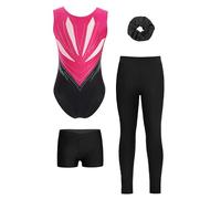 Sinleey Enfant Fille Ensemble Justaucorps Gymnastique Legging Short Chouchou Tenue Patinage Danse Costume A Rose vif et Noir 5-6 ans