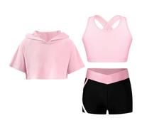 Sinleey Ensemble Sport Fille Survêtement 3Pcs Fitness Yoga Crop Top Court à Capuche avec Débardeur Short de Sport Gym A Rose 9-10 ans