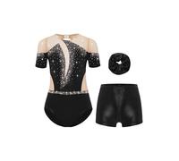 Sinleey Ensemble Tenue Gymnastique pour Fille 3 Pièces Justaucorps Manches Courtes avec Short et Chouchou pour 5-16 Ans Noir 13-14 ans