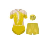 Sinleey Ensemble Tenue Gymnastique pour Fille 3 Pièces Justaucorps Manches Courtes avec Short et Chouchou pour 5-16 Ans Jaune 5-6 ans