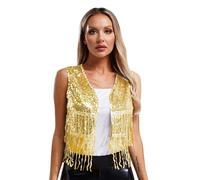 Sinleey Femme Gilet à Paillette Sequin Franges Gilet Disco sans Manches Années 70 Western Cowgirl Costume Or M