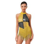 Sinleey Femme Justaucorps Gymnastique Bodysuit Danse à Franges Paillette Body Danse Latine Salsa Jazz Moderne Tenue Spectacle Or M