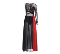 Sinleey Femme Robe Danse Contemporaine Lyrique Strass Une Manche Longue Asymétrique Justaucorps Robe Danse Latine Tango Strass Tenue Spectacle Noir et Rouge XXL