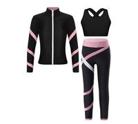 Sinleey Fille Sport Survêtement 3Pcs Sweat et Legging et Brassière Ensemble Running Yoga Danse Patinage Gym Noir&Rose 15-16 ans