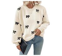 SINLEX Pull imprimé nœud for Femme, col Rond, Manches Longues, épaules Tombantes, Pulls en Tricot(Beige,S)