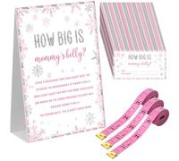 Sinload Lot de 54 jeux de fête prénatale motif ciel bleu dessin animé avec nœud rose pour fête prénatale avec panneau de ventre « How Big Is Mommy's Belly Sign » - 50 cartes de devinettes et 3 rubans