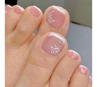 SINLOV 24pcs Nude Square Fake Toenails Glossy Rose Flower Press on Glitter False Toe Nails French Short Full Cover False Toenails Artificial Foot Nails for Women and Girls