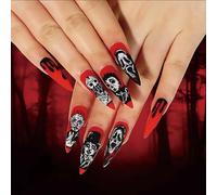 SINLOV Lot de 24 faux ongles d'Halloween Grimace Amande Rouge et Noir Fantôme Crâne Long French Faux Ongles Couverture Complète pour Femmes et Filles