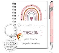Sinmoe 3 Cadeaux pour Enseignants Cahier à Spirale Stylo Rétractable et Porte-Clés Cadeau de Fin d'Année pour Professeur Maitresse Adieux Remise de Diplômes Retraite(Blanc,Arc-en-ciel)