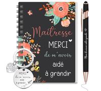 Sinmoe 3 Pièces Cadeau pour Maitresse Institutrice d'École 1 Carnet à Spirale 1 Porte Clés 1 Stylo à Bille Cadeau Merci de m'Avoir Aidé à Grandir pour ATSEM AESH Fin d'Année(Fleurs et Abeille)