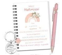 Sinmoe 3 Pièces Cadeau pour Maitresse Institutrice d'École 1 Carnet à Spirale 1 Porte Clés 1 Stylo à Bille Cadeau Merci de m'Avoir Aidé à Grandir pour ATSEM AESH Fin d'Année(Fleurs et Arcs en Ciel)