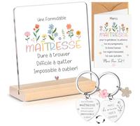Sinmoe 4 Articles Cadeau Merci Maîtresse Cadeau Maitresse D'école, Inclure Acrylique Plaque Cadeau Professeur D'école Fin D'année Porteclés Gravé Double Face Carte de Vœux avec Enveloppe Kraft