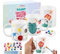 Sinmoe 4 Paquets Kit Mug à Peindre avec Tasses en Céramique à Peindre, Peintures, Pinceaux Kit Peinture sur Mug à Personnaliser Soi-Même Tasse en Porcelaine Vierges Matériel Créatif pour Adultes