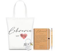 Sinmoe 4 Pièces Set de Cadeaux de Maîtresses Cadeaux de Remerciement pour Enseignants Bloc-Notes à Spirale Stylo à Bille en Bois Sac Porte-Clés pour Adieu Merci Éducateur École Noël(Cœur)