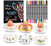 Sinmoe 6 Coquetier Oeuf en Ceramique Peindre Votre Propr Coquetier avec 12 Pièces 24 Couleurs Stylo en Porcelaine et Boîte de Cadeau Support pour Œuf à la Coque pour DIY Cadeau Pâques Anniversaire