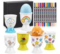 Sinmoe 6 Pcs Coquetier Oeufen Ceramique avec 12 Stylos de 24 Couleurs | À Peindre, Support pour Œuf à la Coque, 12 Stylos Porcelaine, 24 Couleurs, Idéal pour Pâques, Anniversaire, DIY