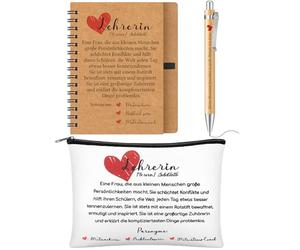 Sinmoe Cadeau de Remerciement de 3 Pièces pour Enseignants Trousse Cosmétique Cahier à Spirale Stylo à Bille Cadeau de Retraite Merci pour l'École Primaire Maternelle (Blanc, Lehrerin)