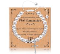 Sinmoe Cadeaux de Première Communion pour Filles Bracelet de Perles de Croix de Baptême avec Carte de Message et Sac Cadeau en Velours Breloque de Bijoux de Foi en Cristaux Blancs Réglables