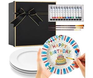 Sinmoe Kit de Peinture d'Assiettes en Céramique Comprend 4 Assiettes en Porcelaine 3 Pinceaux 12 Peintures Acryliques 1 Coffret Cadeau 1 Palette à Peindre DIY(7 Pouces,Luxe Moderne,4 Pièces)