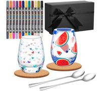 Sinmoe Peignez Votre Propre Tasse en Verre Kit de Peinture pour Adultes, 2 de Tasses à Café 2 Cuillères 12 Stylos de Peinture Verre 2 Sous-Verres en Liège avec Boîte Cadeau, Saint Valentin(350 mL)