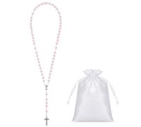 Sinmoe Set de 3 Collier Chapelet de Coeur Collier de Perles de Première Communion avec Cartes de Première Communion et Pochette à Cordon Collier Chapelet en Croix en Métal Catholique (Rose)