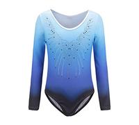 Sinoem Justaucorps de Gymnastique Fille Couleur Dégradé Multicolore Manches Longues Leotard Danse Ballet pour Enfant 5-12 Ans (9-10 Ans, Bleu - Manches Longues)